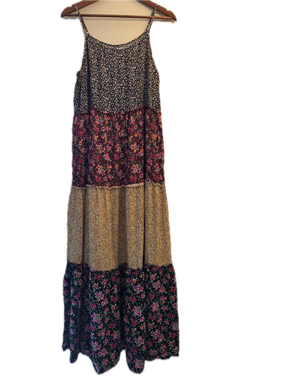 Natural Life Dress Womens L Black Maxi Sundress Strappy Layered Floral Rayon